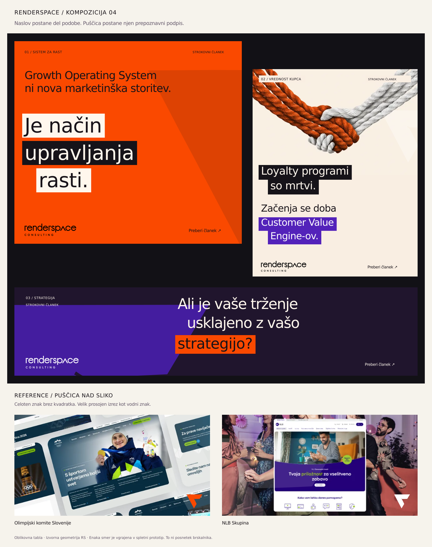 Različica 04: asimetrično Znanje, zamaknjeni besedilni pasovi in puščica kot vodni znak